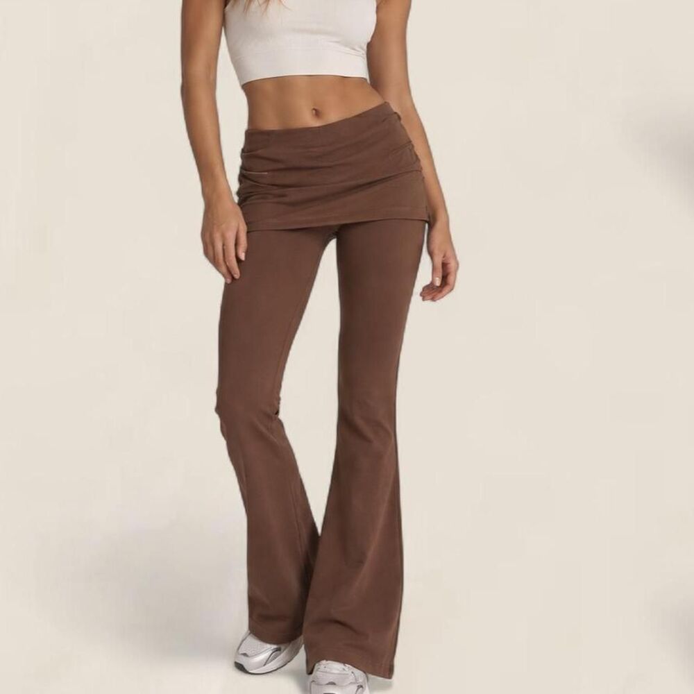 OQQ Brown Foldover Flare Leggings Ribbed knit Size Medium Y2K Pilates Princess